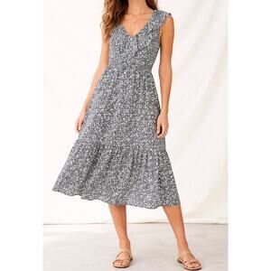 Summersalt Floral Ruffle Sleeveless Midi Dress Black White Tie Back Size M